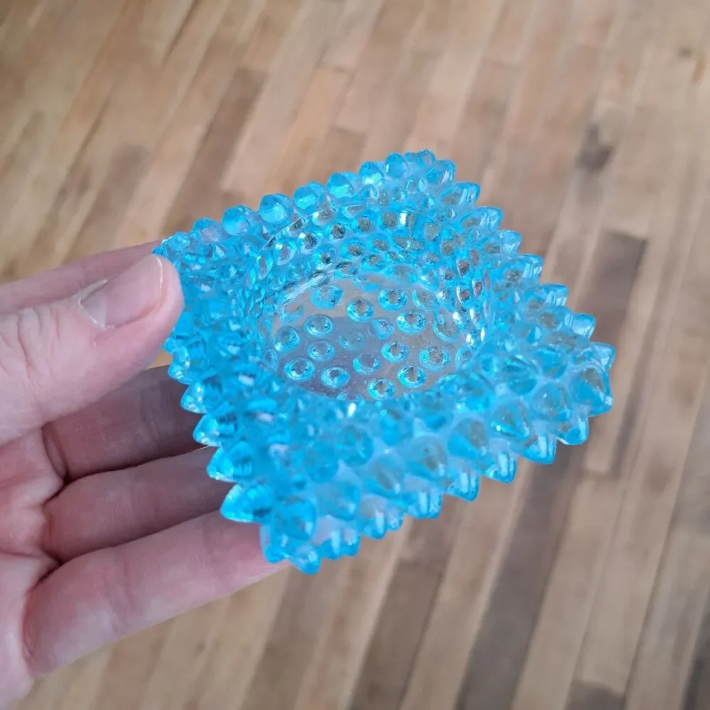 Vintage Fenton Light Blue Hobnail Glass Square Salt Cellar Votive Candle Holder